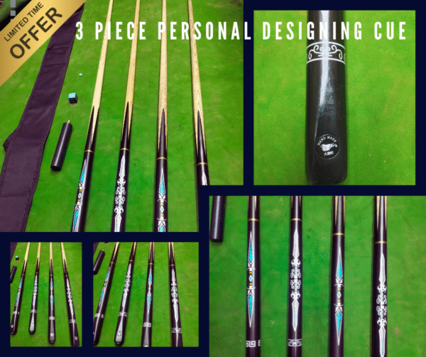 3 piece cue, handmade cue, designing cue, professional cue stick, imported cue, premium snooker cue, stylish cue, elegant handmade cue, high quality cue, custom cue stick, luxury cue, sharp design cue, billiard cue, personal handmade cue, 9.5mm tip cue