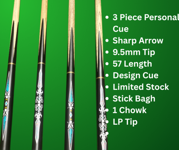 3 piece cue, handmade cue, designing cue, professional cue stick, imported cue, premium snooker cue, stylish cue, elegant handmade cue, high quality cue, custom cue stick, luxury cue, sharp design cue, billiard cue, personal handmade cue, 9.5mm tip cue