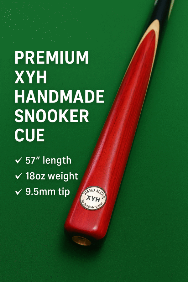 The XYH Handmade Snooker Cue, a premium professional cue stick crafted with precision, is designed for serious players who demand quality and performance. Featuring a 57 inch length, an 18oz balanced weight, and a 9.5mm tip size, this 3 piece snooker cue offers excellent control, spin, and accuracy. Made from high-quality ash wood, with a strong butt design, elegant red butt finish, and ebony splices, it combines both style and durability. The brass joint ensures long-lasting strength, while the smooth finishing provides a comfortable grip for consistent play. Whether you are looking for a professional snooker cue, handmade cue stick, billiard cue stick, or personal snooker cue, the XYH model is one of the best snooker cues in Pakistan, perfect for home, clubs, or tournaments.