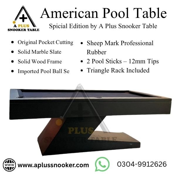 American pool table with solid wood frame and marble slate base – premium pool table for home and office by A Plus Snooker Table Pakistan